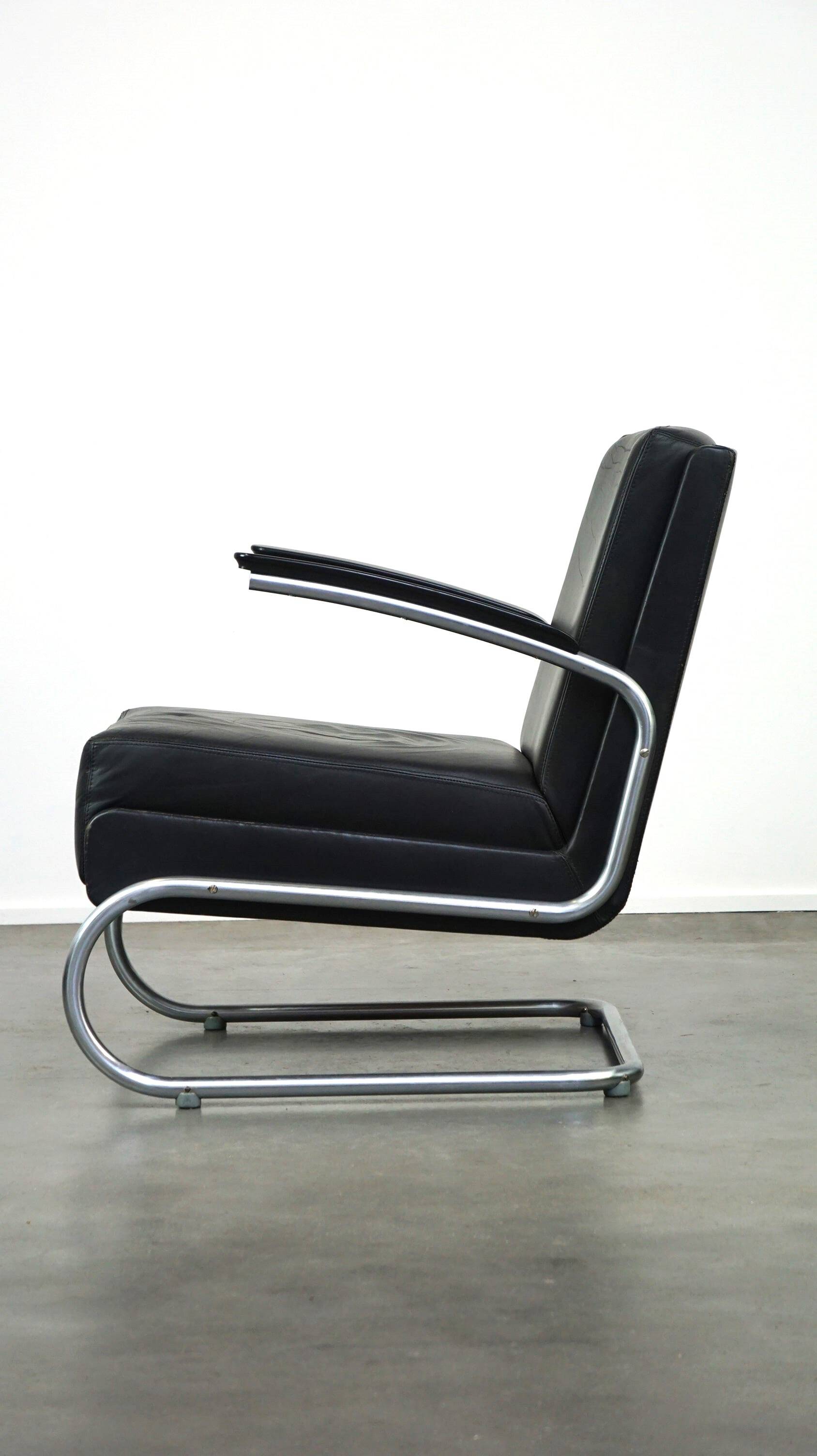 Vintage brown leather Bauhaus design armchair by Ahrend de Cirkel from the 1950s