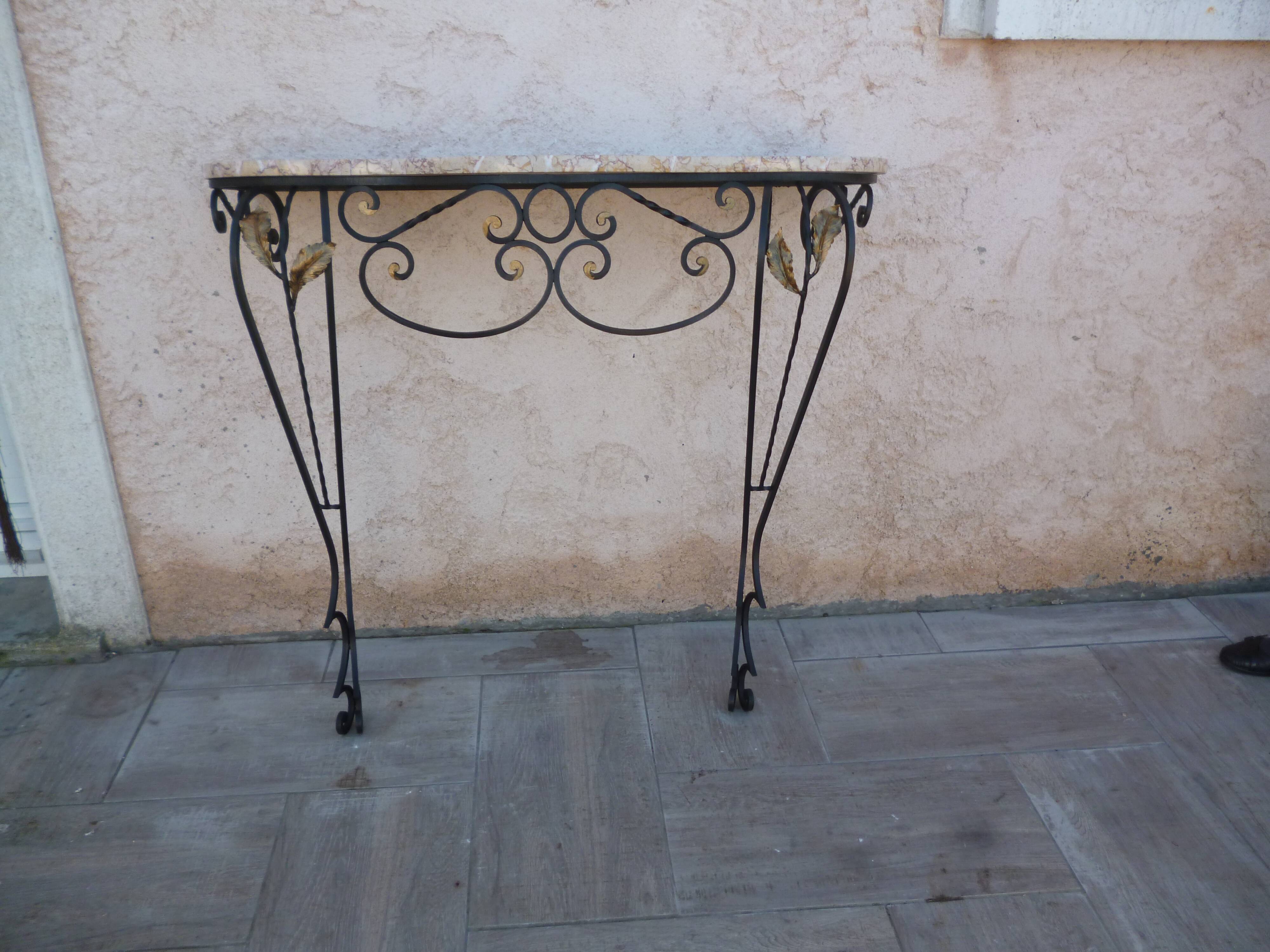 Art Deco wrought iron console with marble