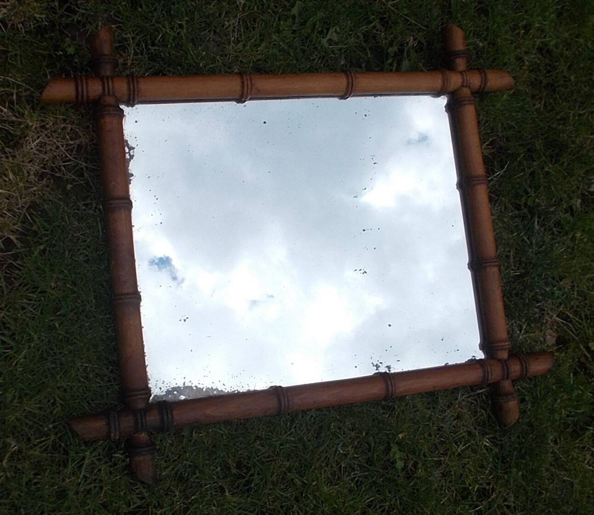 Old turned wood mirror, bamboo imitation.