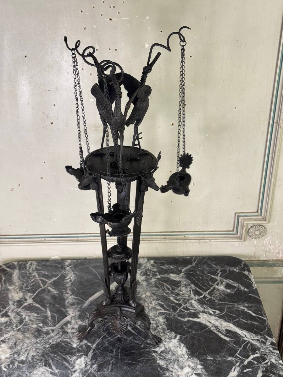 Tripod with herons, oil lamp holder, large object, bronze, Italy 19th century