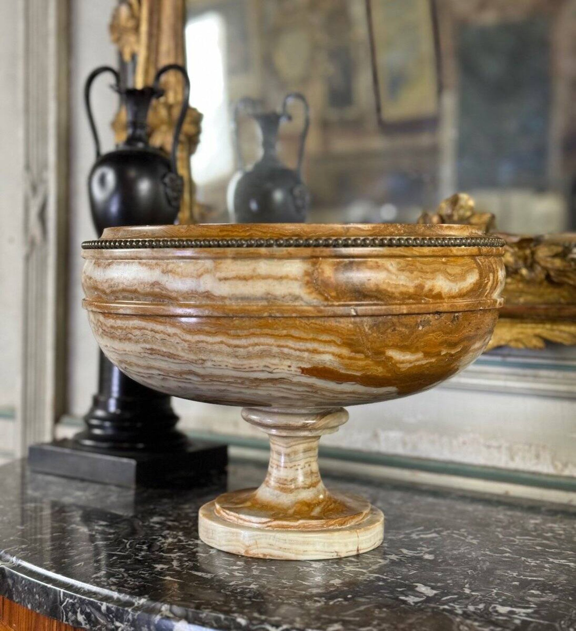 Deep onyx and bronze beaded bowl circa 1900
