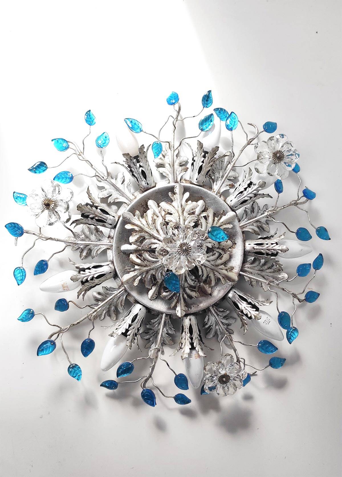 Italian ceiling light Banci Firenze silver iron and blue crystal leaves 60 cm