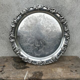 Antique round silver serving platter, grape motifs.