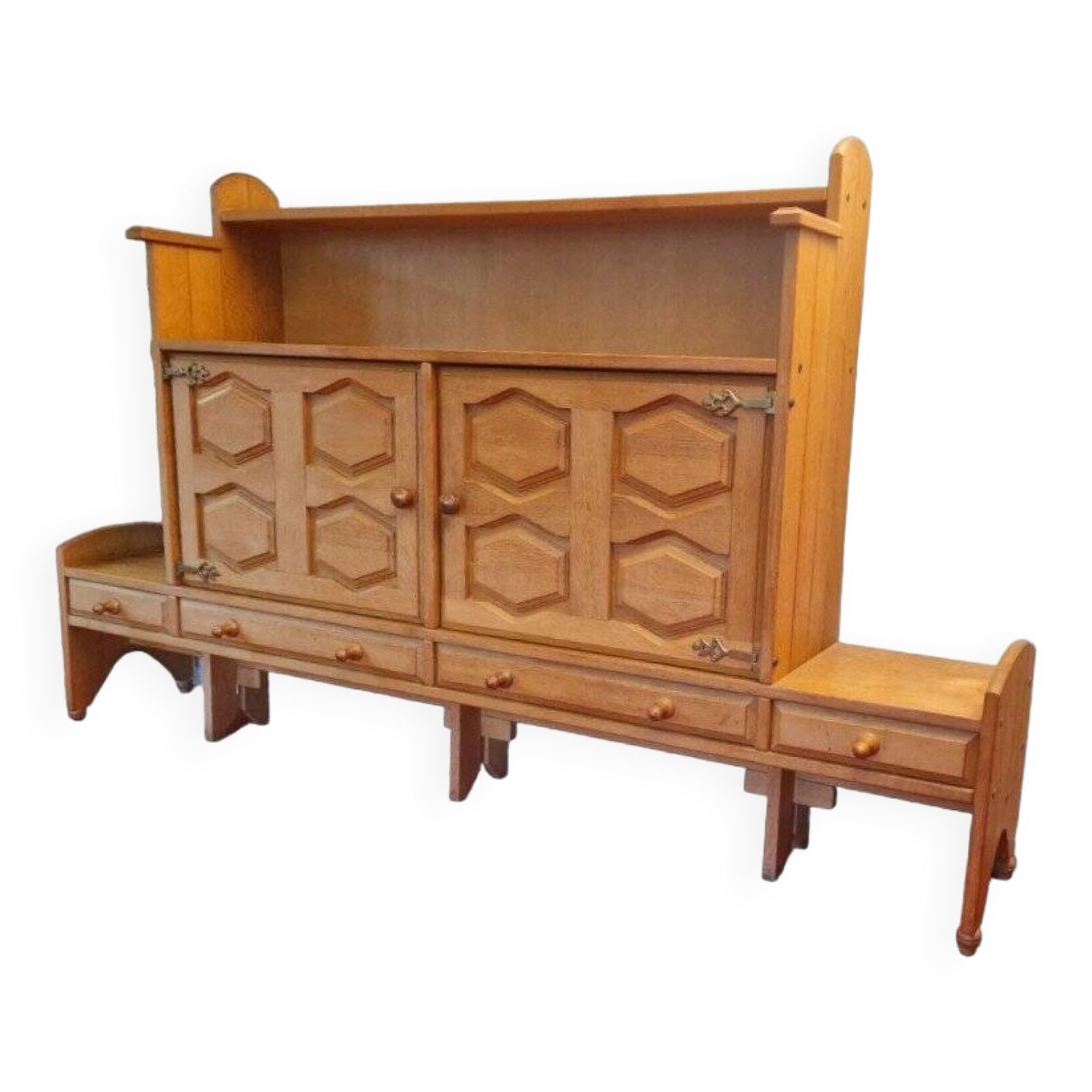 Vintage Brutalist Cabinet In Light Oak And Brass, Guillerme Et Chambron