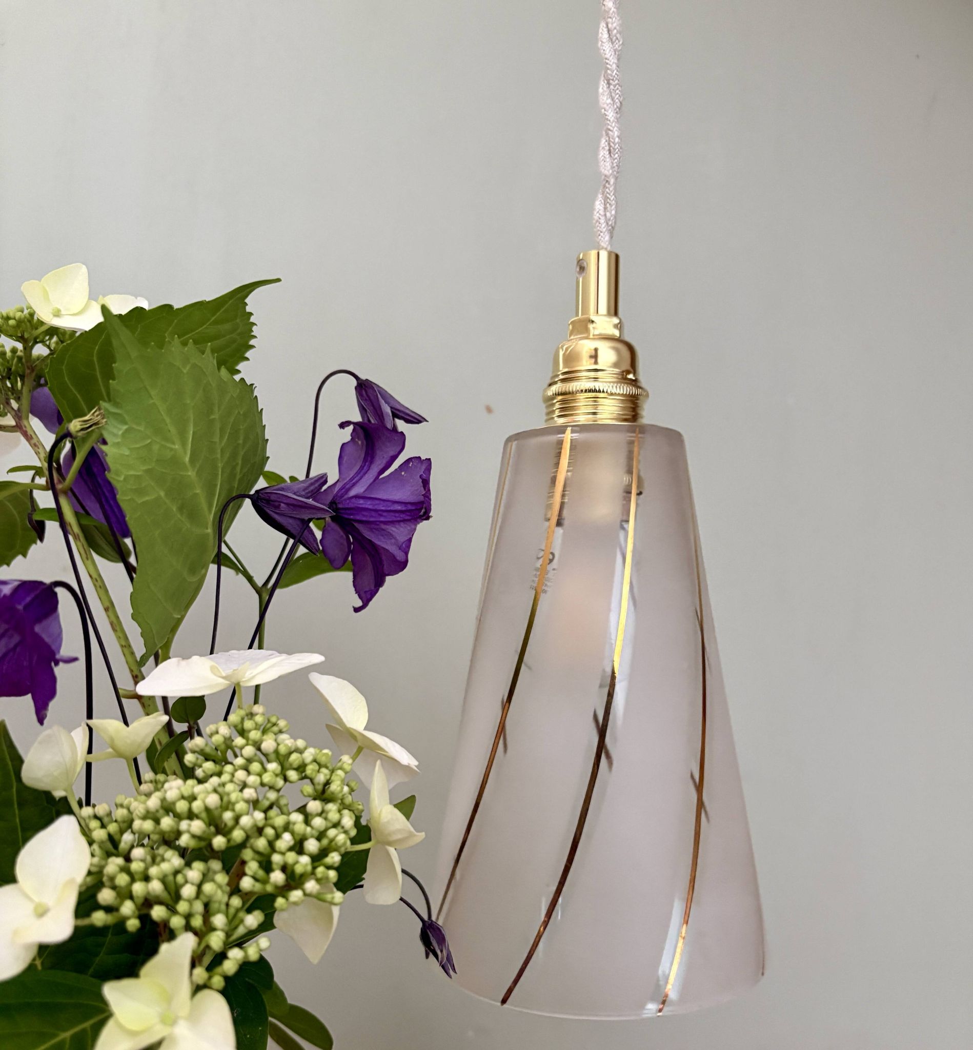 Vintage tulip pendant light in white frosted glass and gold trim