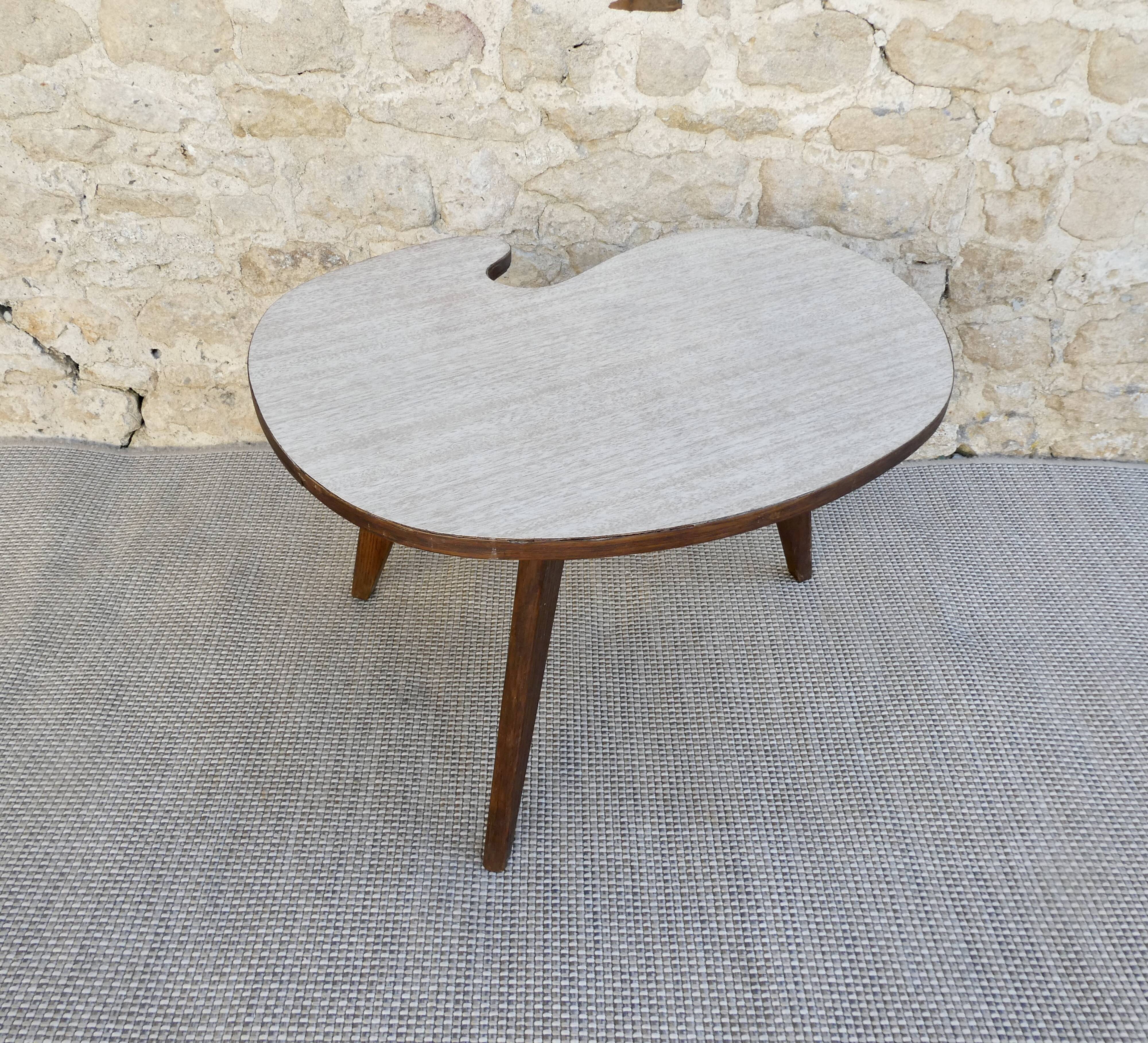 Tripod coffee table, free form, wooden and Formica, 60s