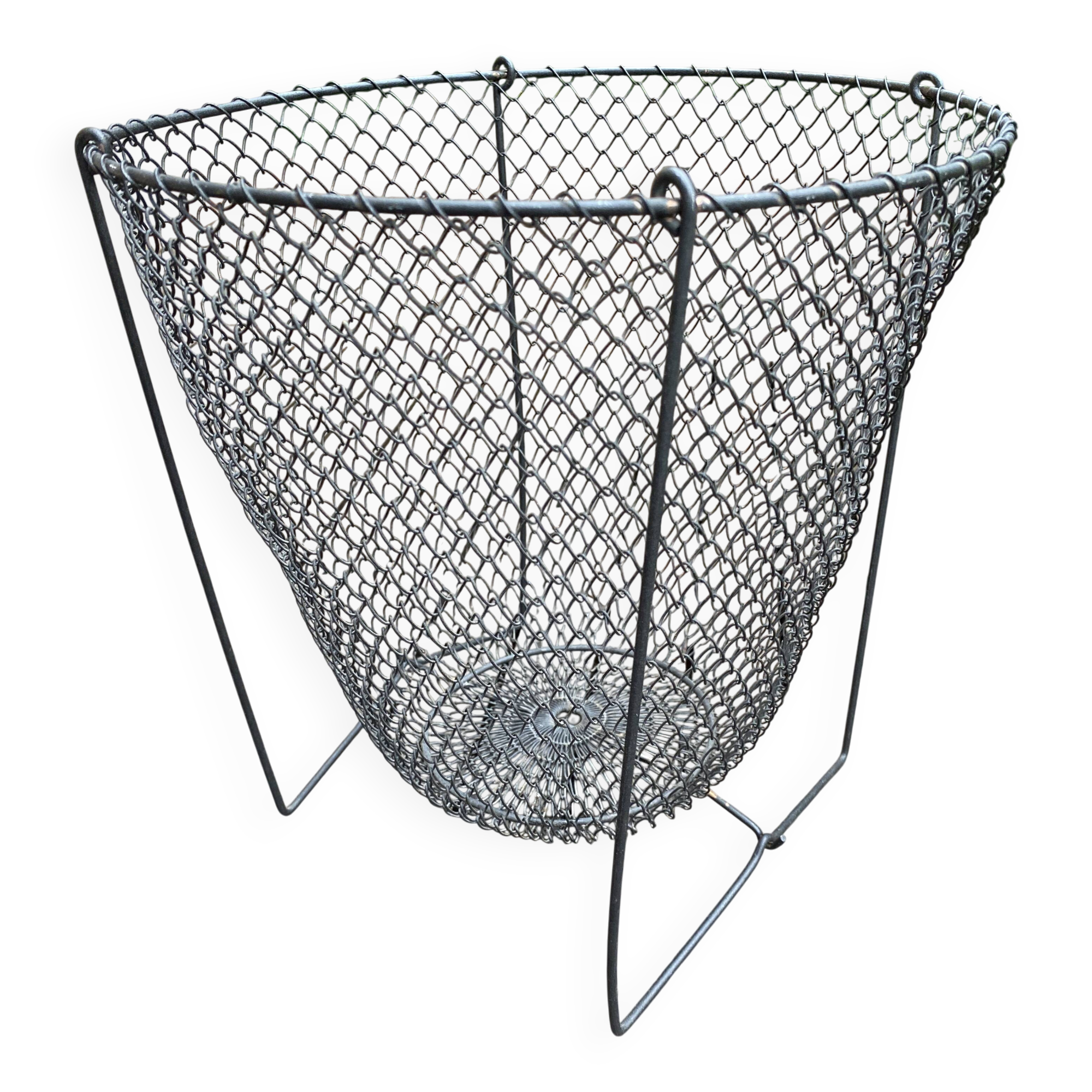 Foldable black woven metal wastepaper basket from around 1950.