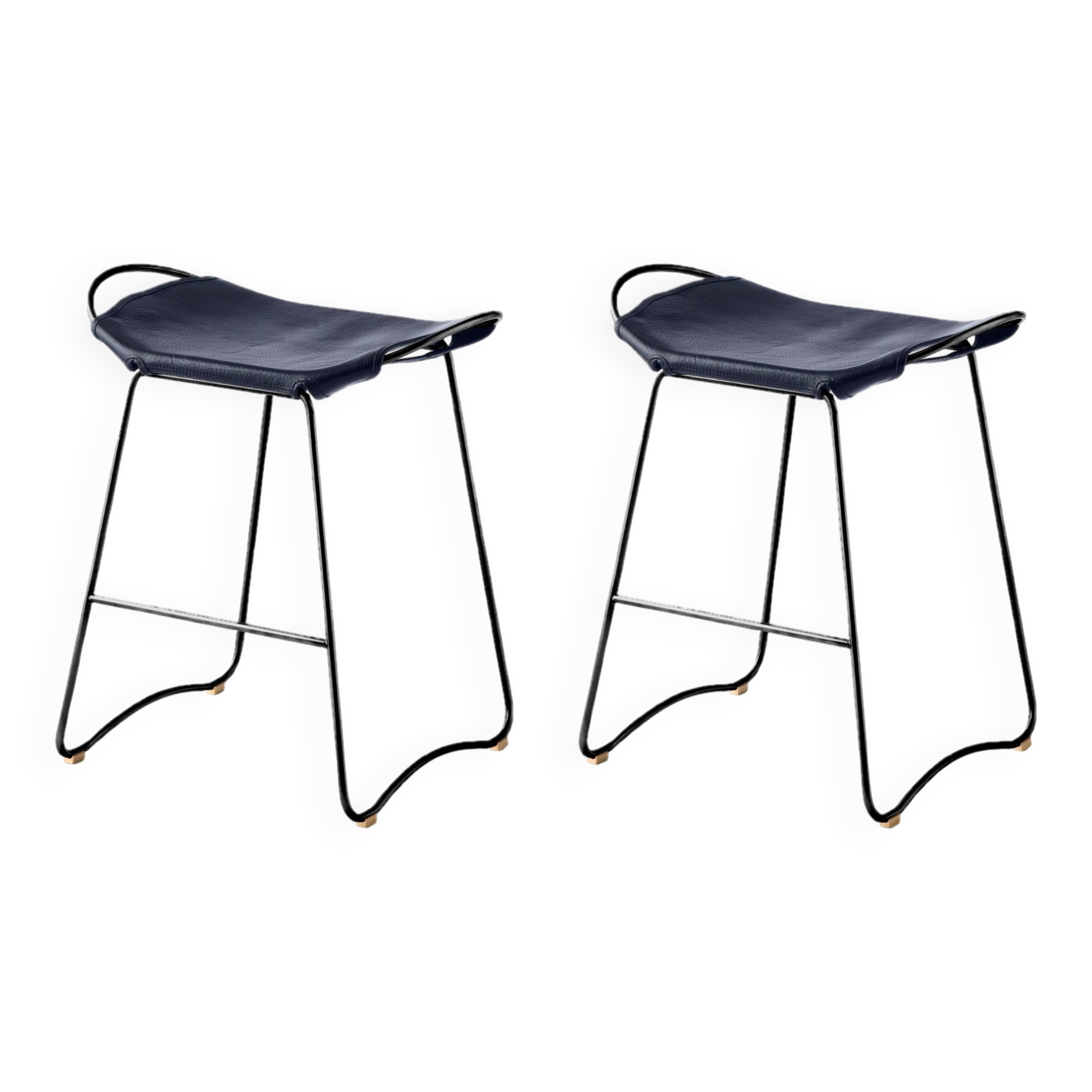 A pair of comfortable stools, blue with black metal details.