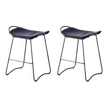 A pair of comfortable stools, blue with black metal details.