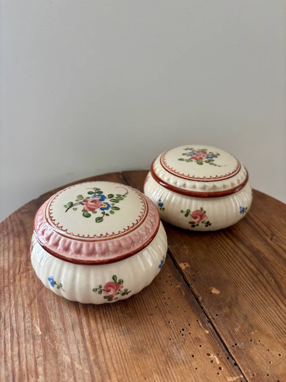 Vintage lot of two shabby chic candy jars hand-decorated.