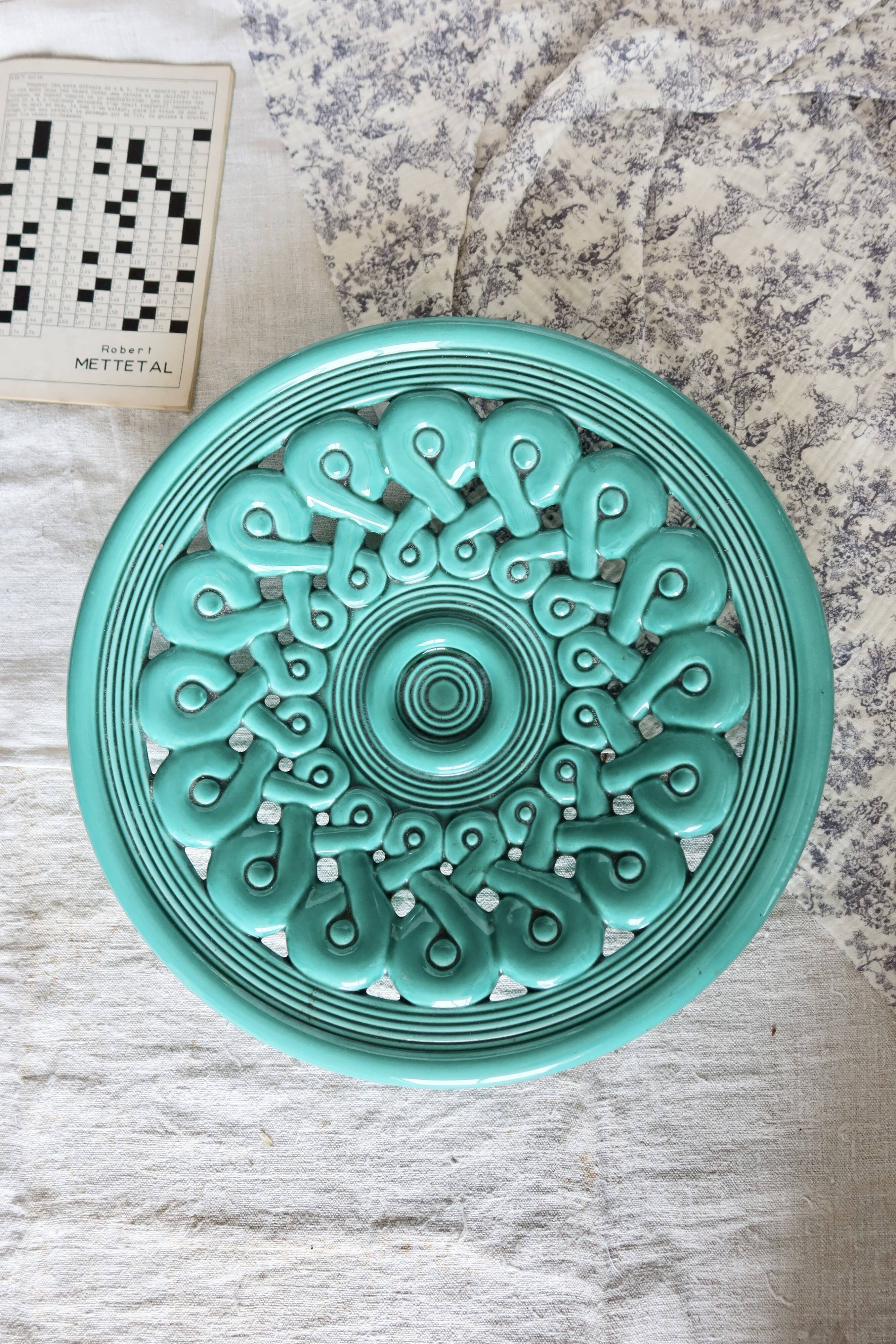 Large vintage turquoise ceramic bowl – Openwork braided pattern