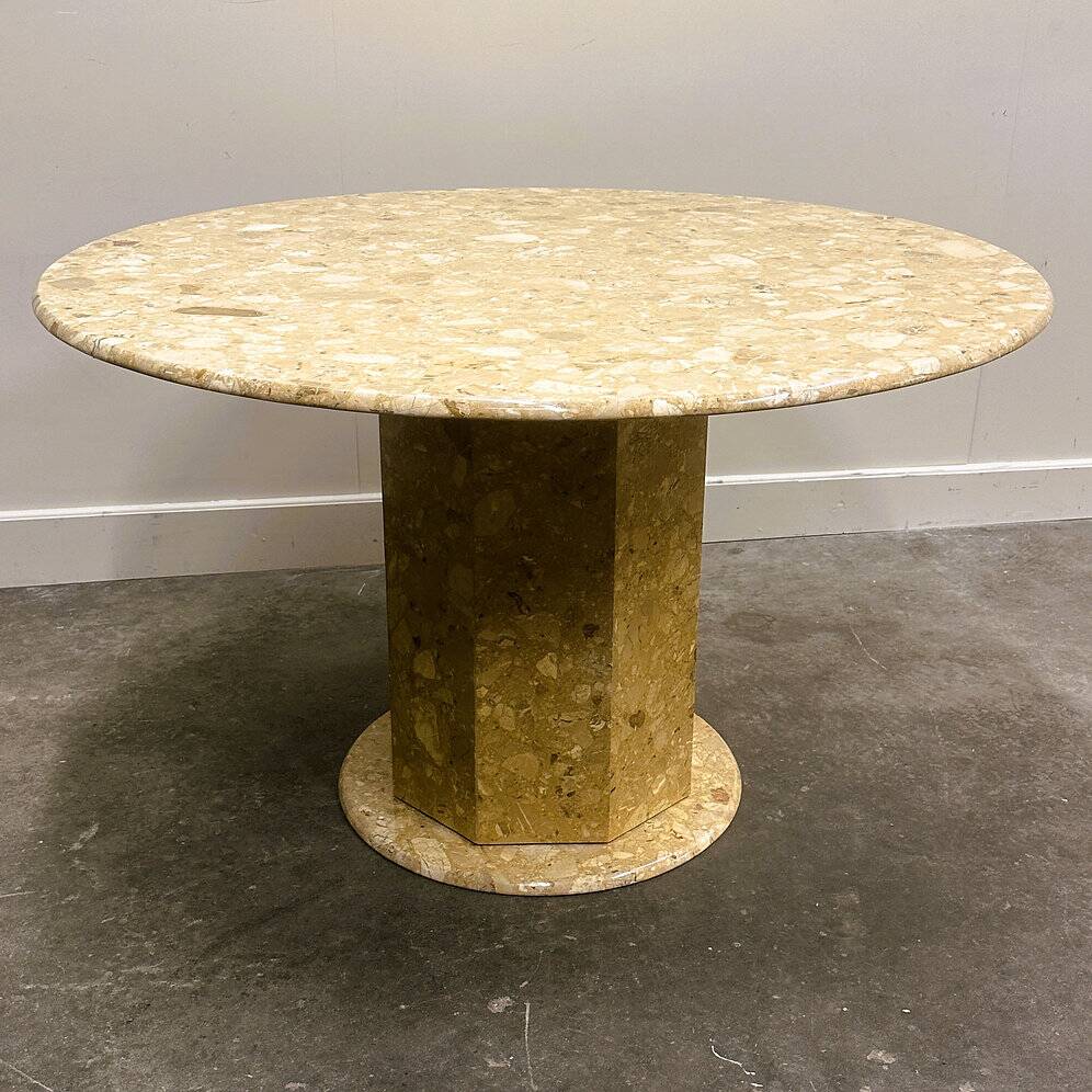 Round breccia marble pedestal table | 1980s vintage stone dining table | Postmodern