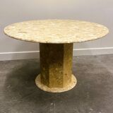 Round breccia marble pedestal table | 1980s vintage stone dining table | Postmodern