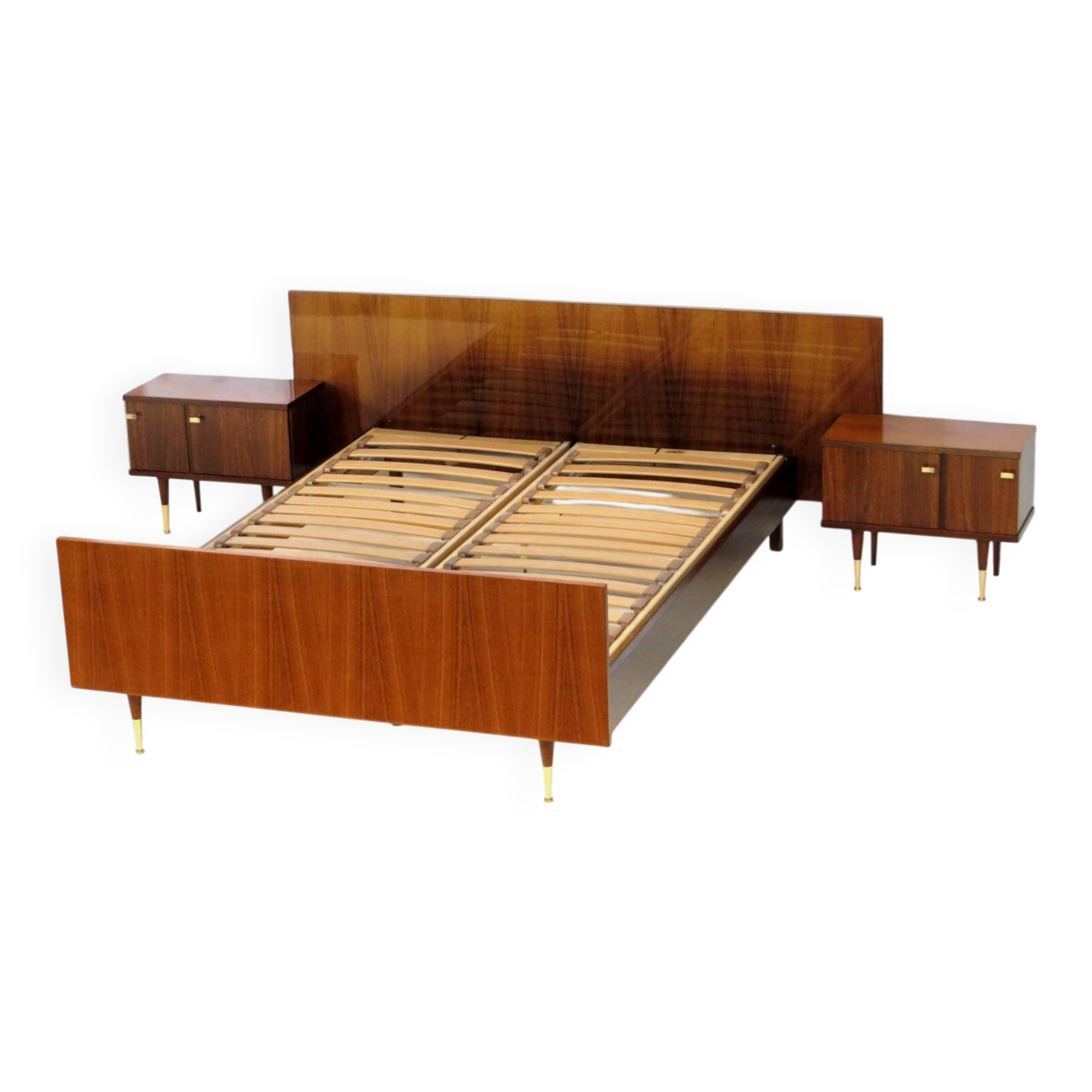Vintage mid century double bed bedroom set in rosewood & brass, 1960s