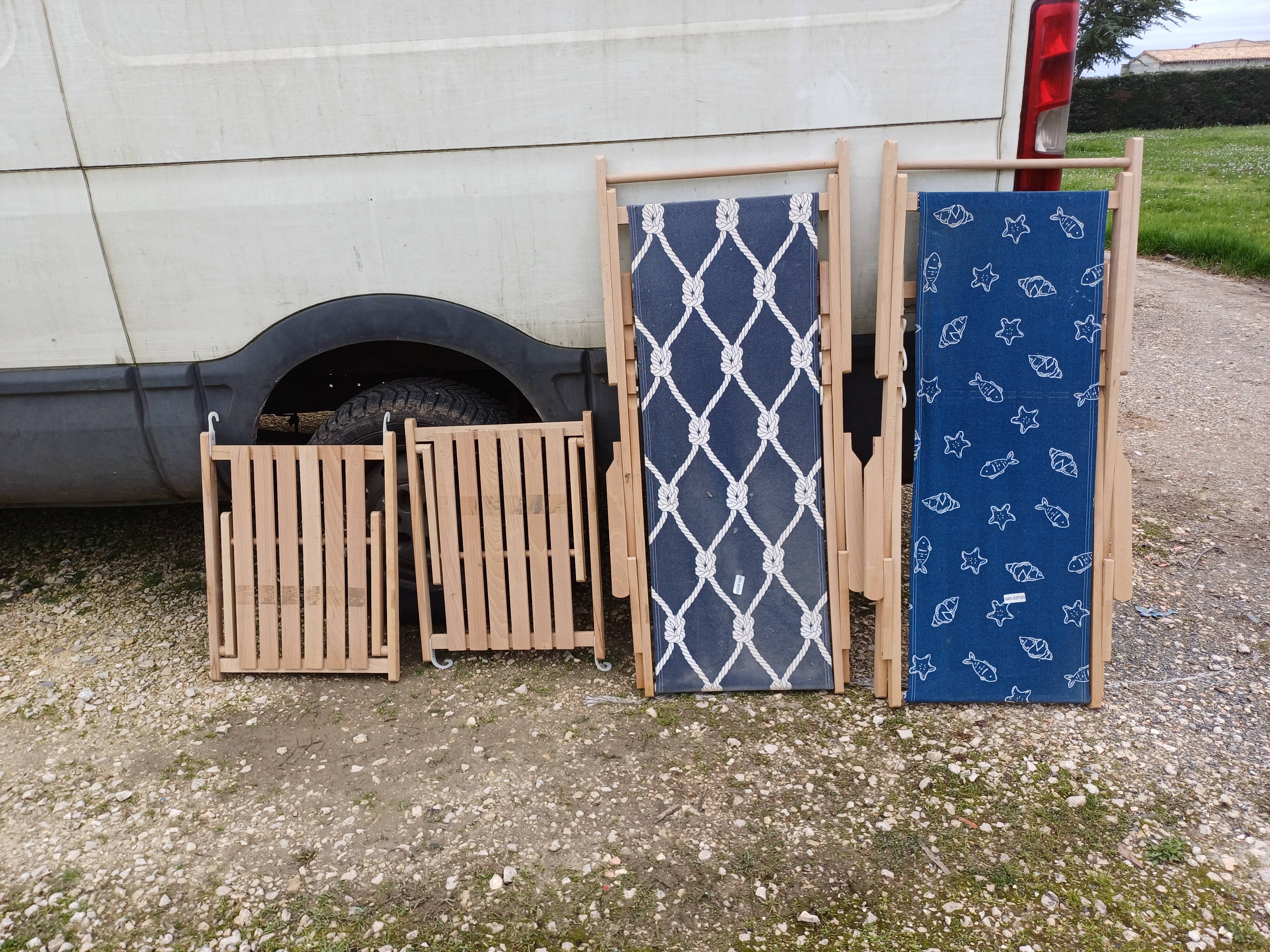 Pair of wood and fabric long chairs