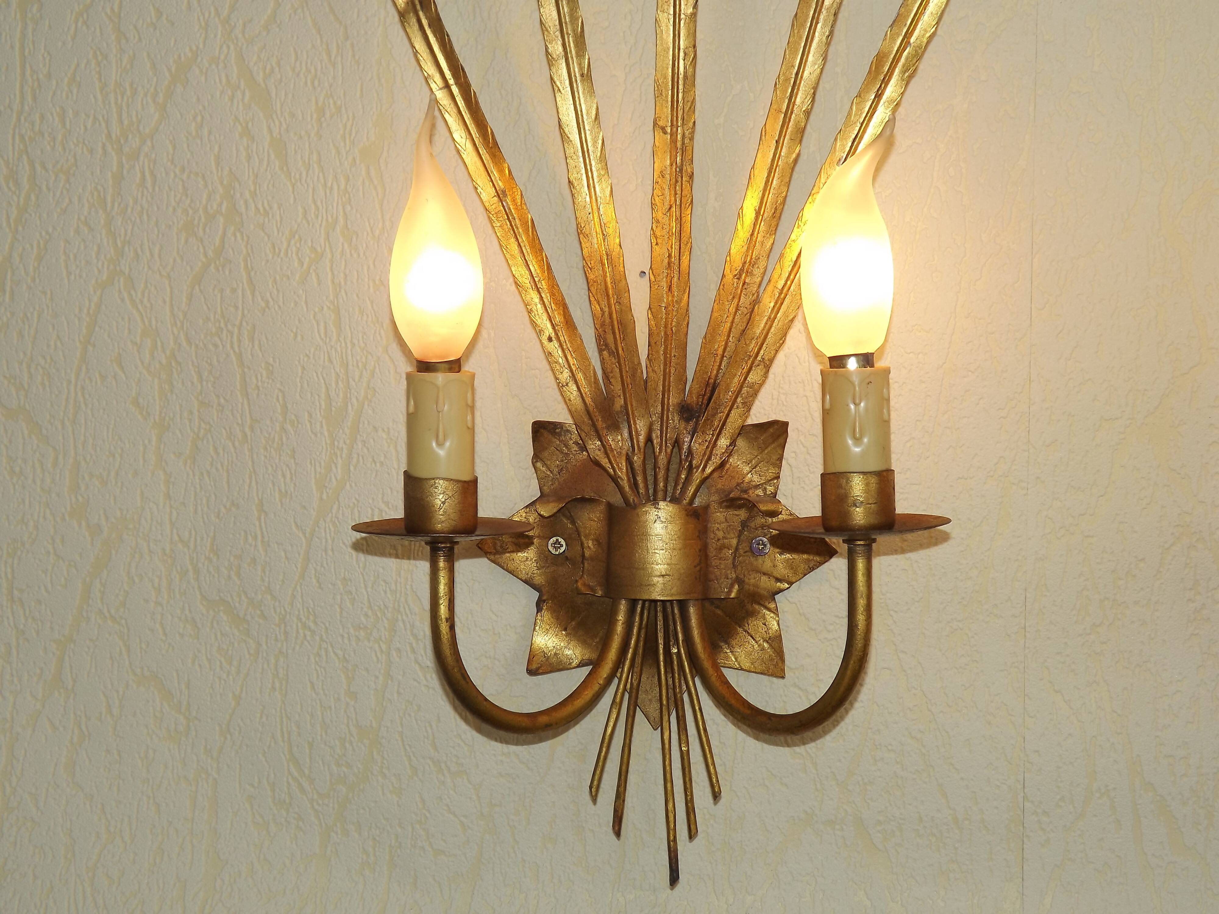 Matching Pair Large 'Ferro Art' Spain, 1950s Reed Leaf Double Wall Lights 5