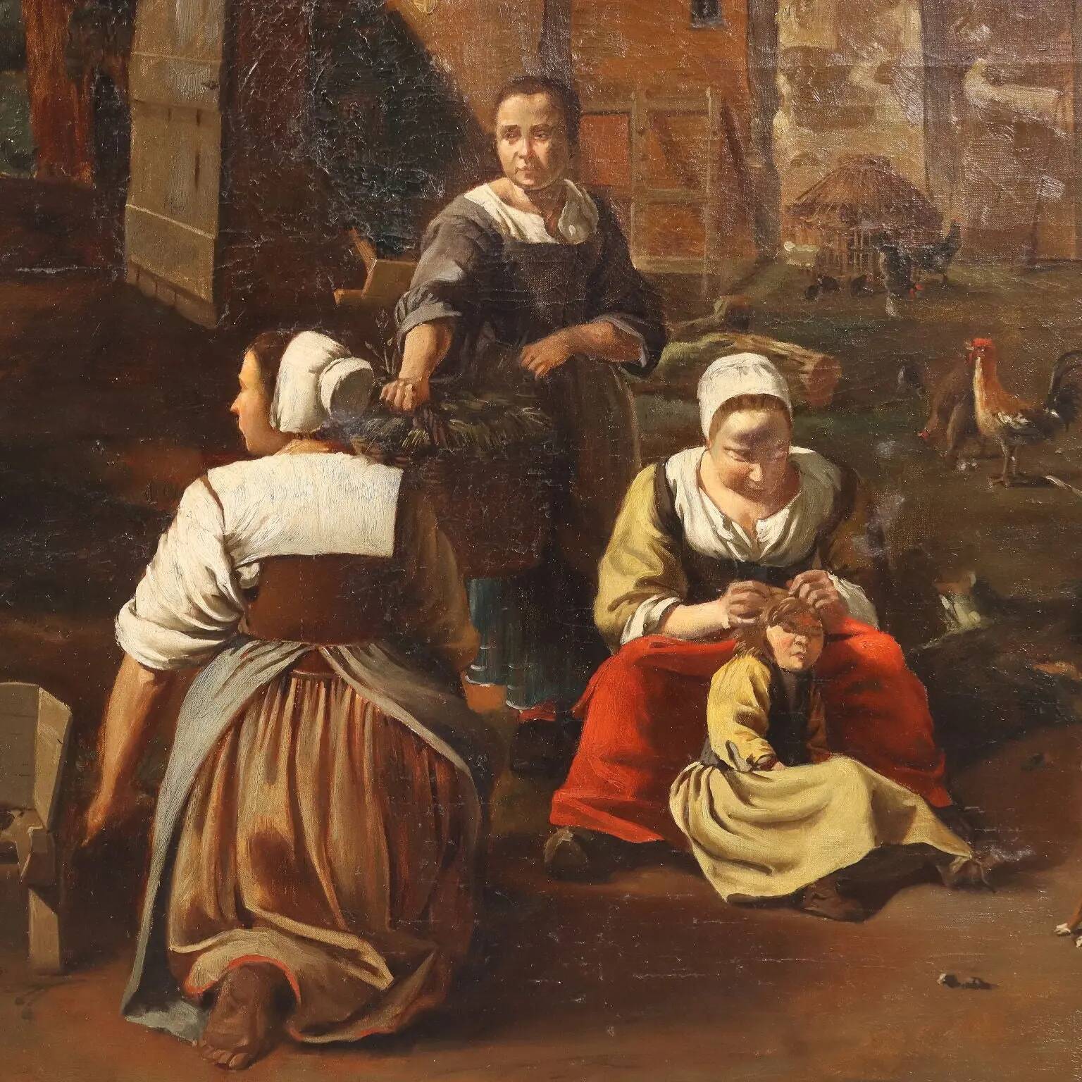 Peinture ancienne scène champêtre, huile sur toile, Europe du Nord '800