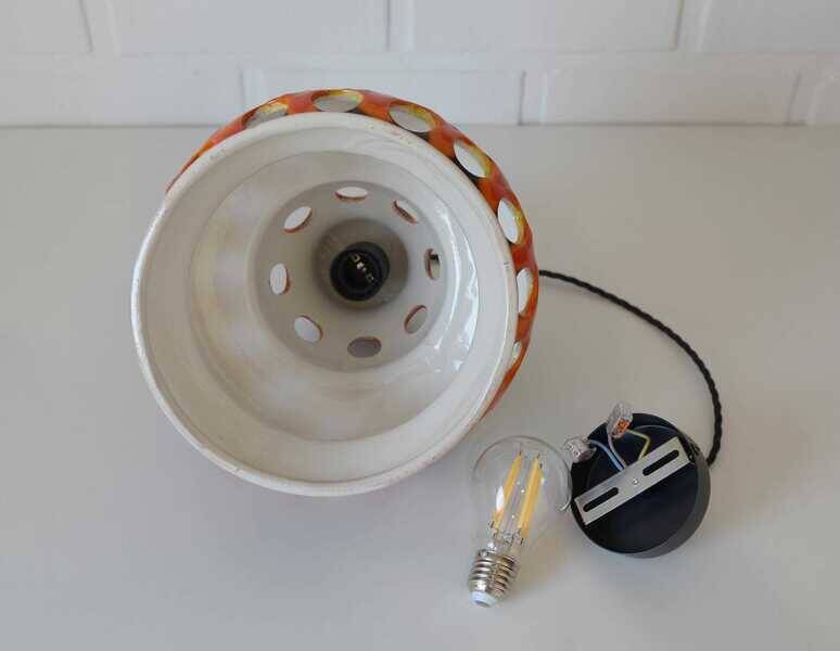 Vintage ceramic pendant light: 1970s rustic handmade chandelier