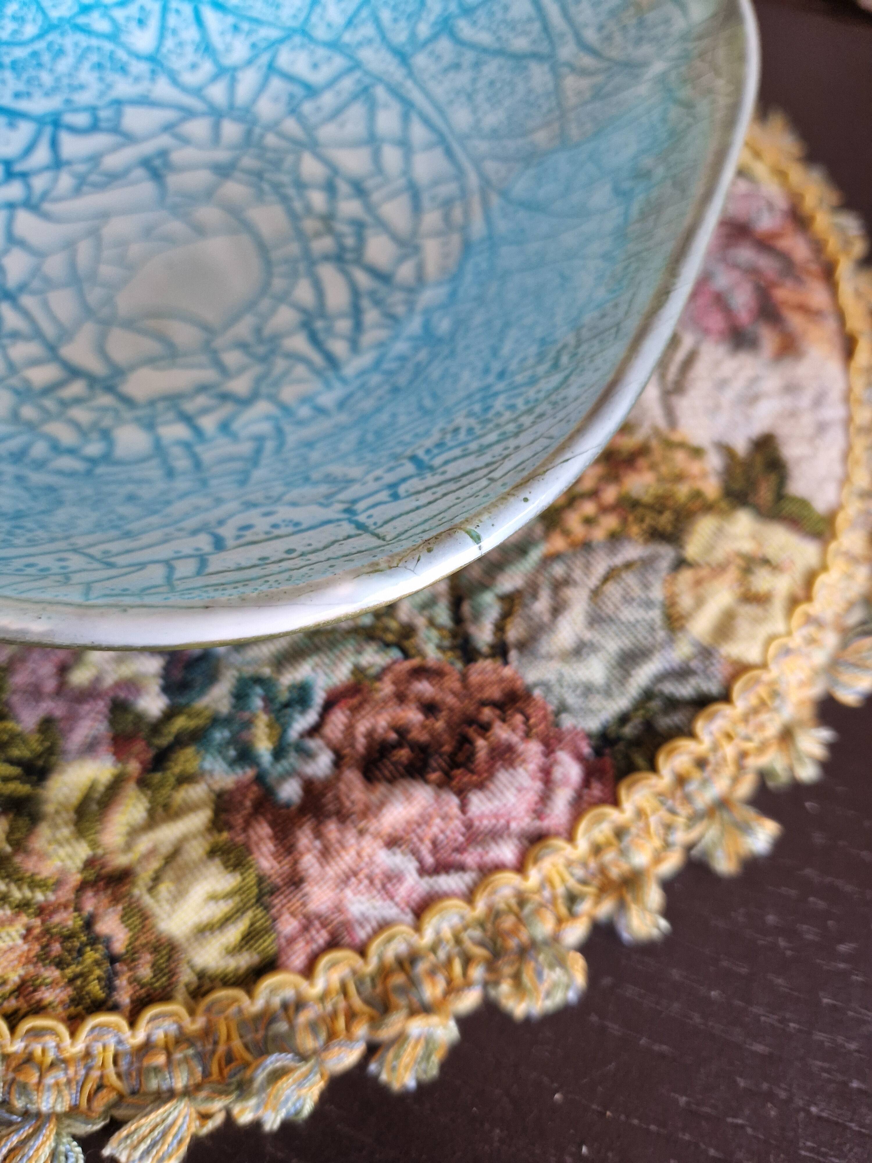 Square dish salad bowl bowl keraluc quimper ceramic turquoise blue cracked effect stamped with u
