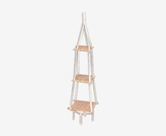 Porte plante en macramé rotin et bambou années 70