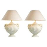 Pair of table lamps with antique look and brushed brass finish.