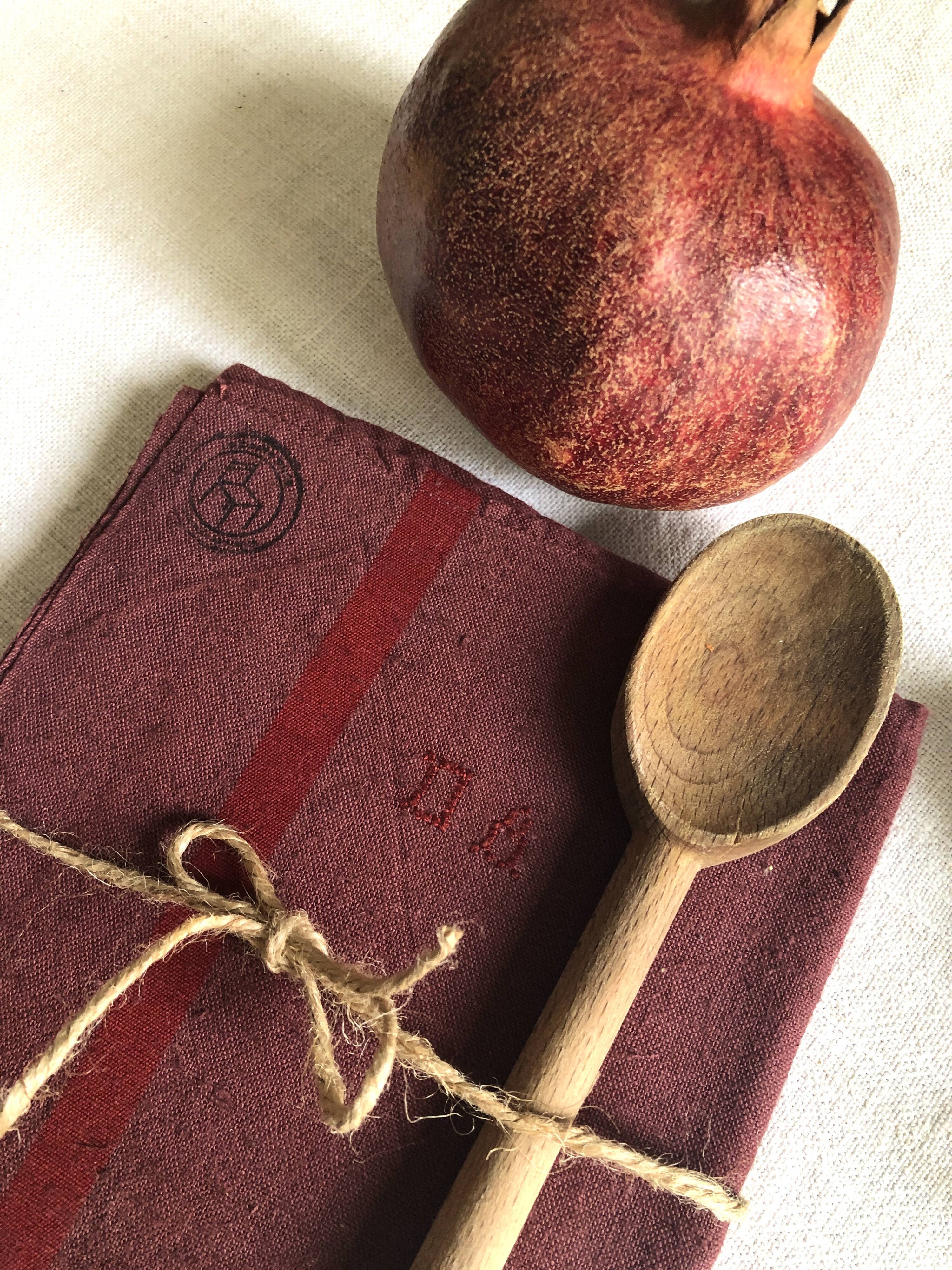 Old tea towel in linen and Burgundy cotton