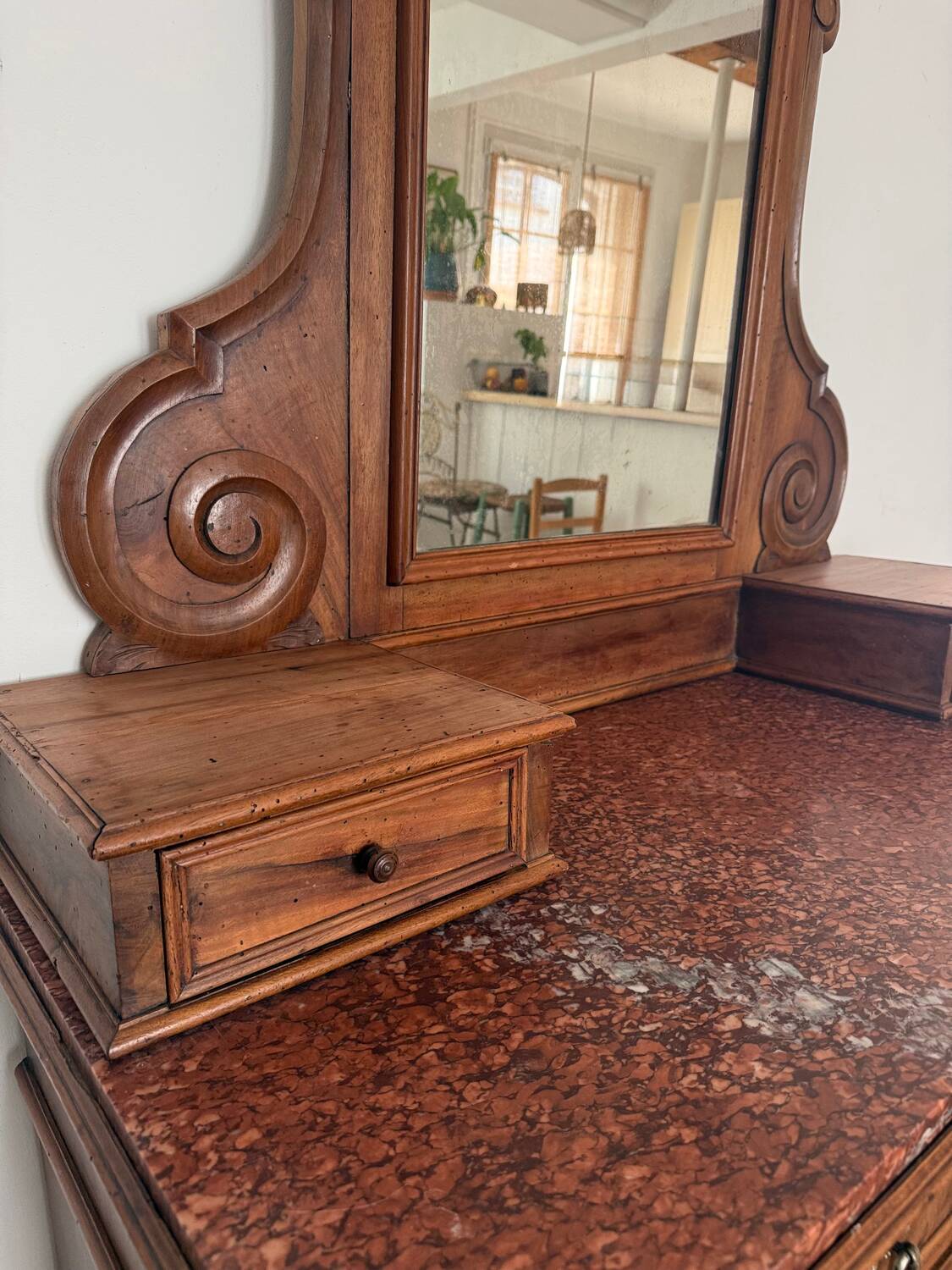 Louis-Philippe walnut commode with marble top and pediment mirror –