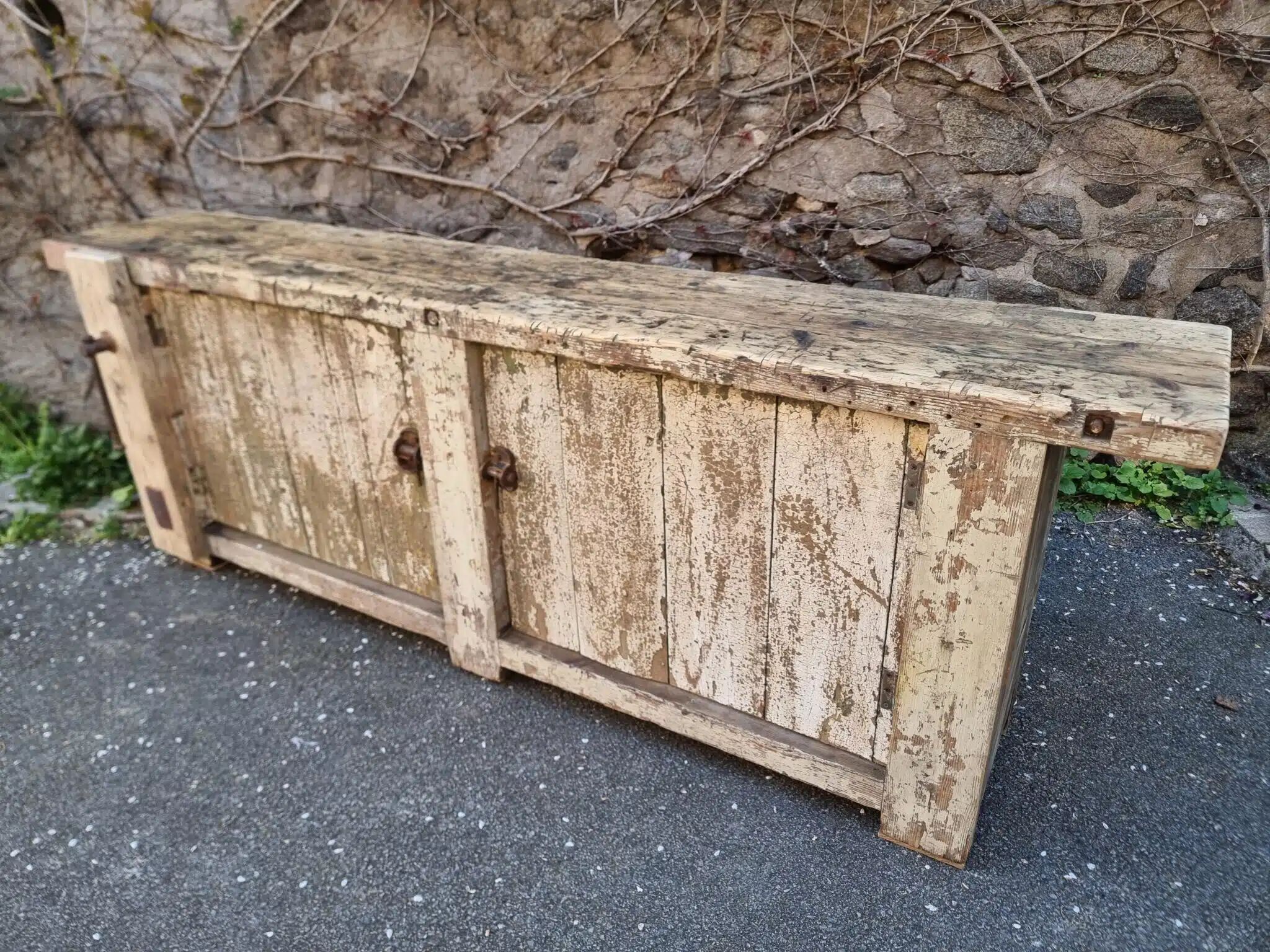 Established ancient French console table / kitchen island / shop counter, early 1900s.