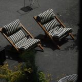 Mid-century dining/lounge chairs in pine and striped cotton canvas, Denmark, 1970s.