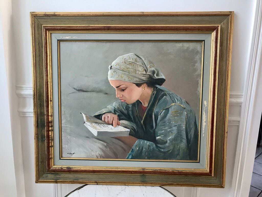 Oil painting on canvas portrait young girl who reads signed