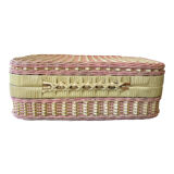Vintage yellow and pink wicker suitcase 90s