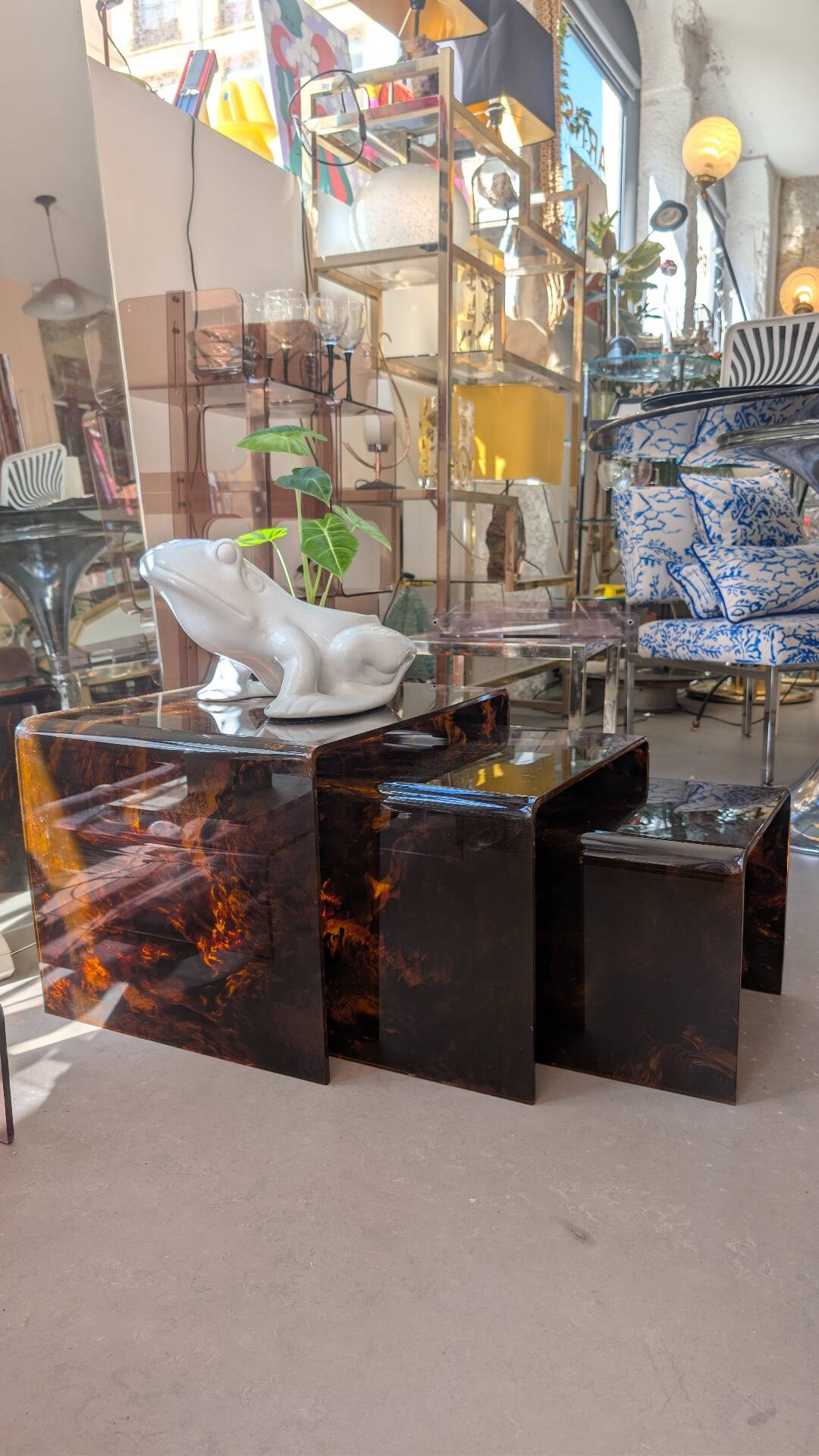 Tortoiseshell plexiglass nesting coffee tables