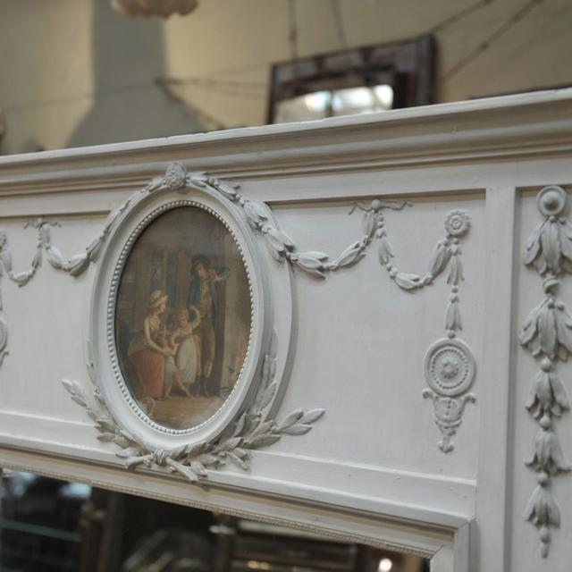 Miroir trumeau fin 19eme style louis 16 en sapin et verre avec huile sur toile