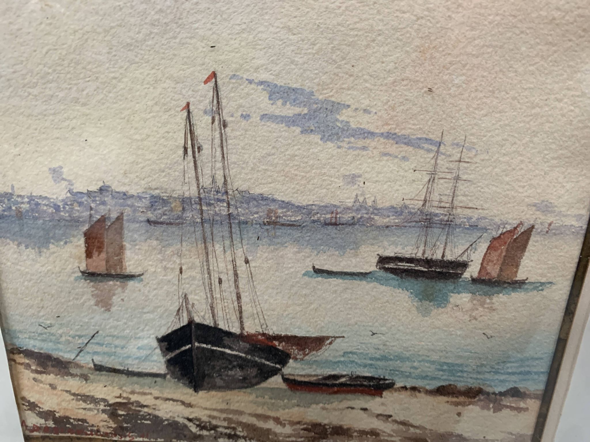 Marine watercolor "Sailboat at sea and stranded on the beach" 20th century