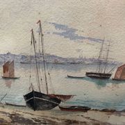 Marine watercolor "Sailboat at sea and stranded on the beach" 20th century
