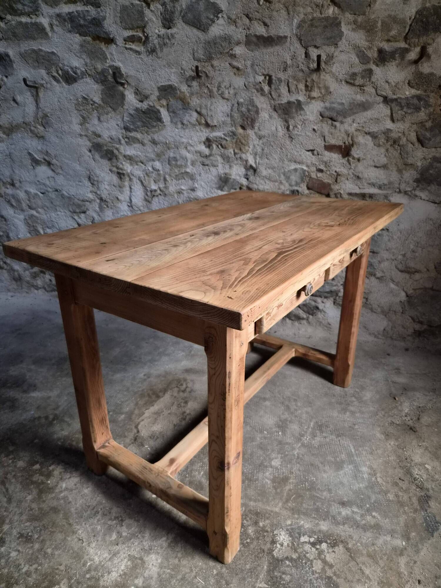 Vintage pine kitchen table or desk with two drawers – 1950s