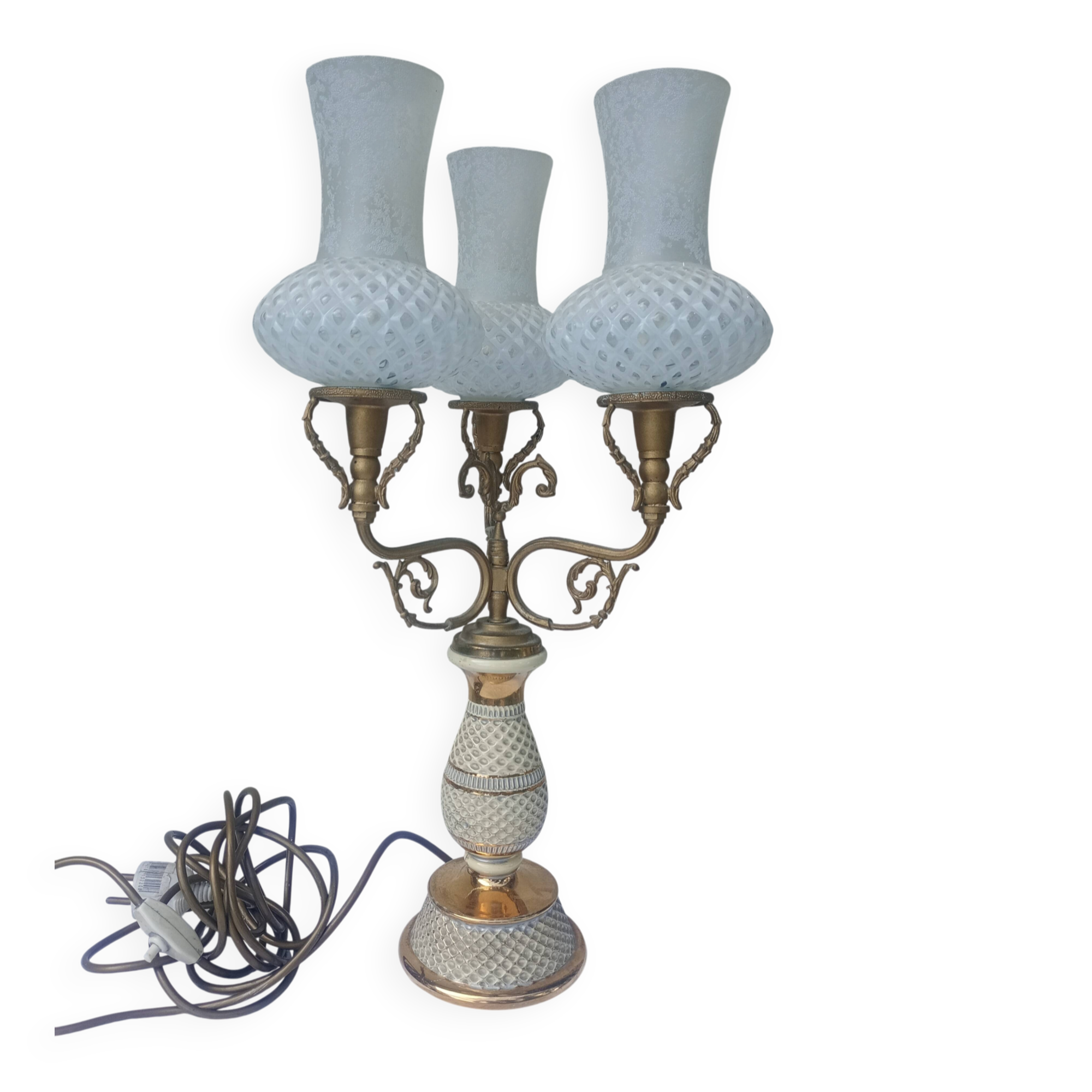Florentine Italy ceramics - 3 arms of golden metal light - glass tulip