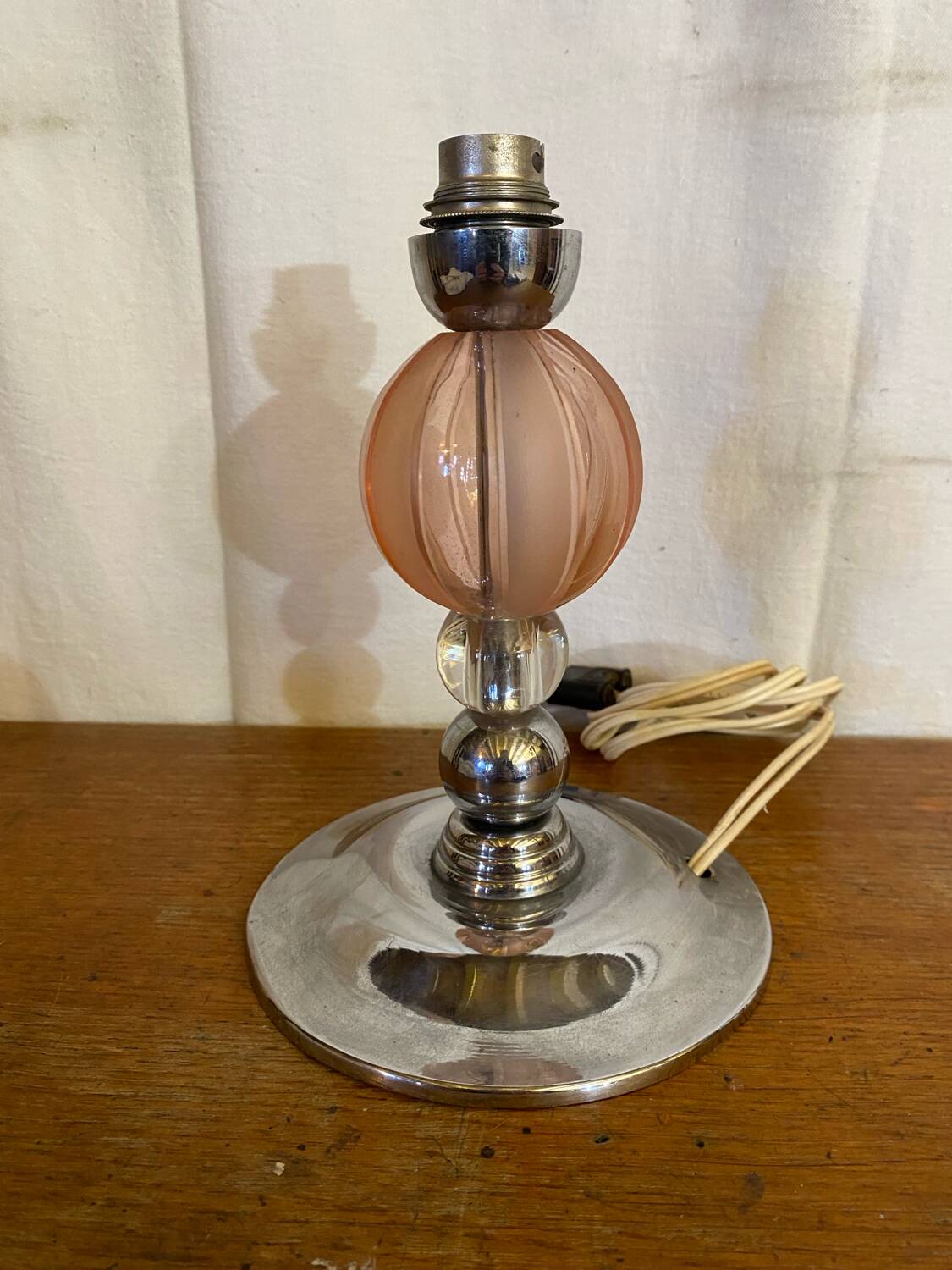 Antique Lamp Base Pink & Clear Glass Ball Chrome Base Vintage