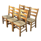 Vintage Set of 6 dining chairs oak and wicker 70's design