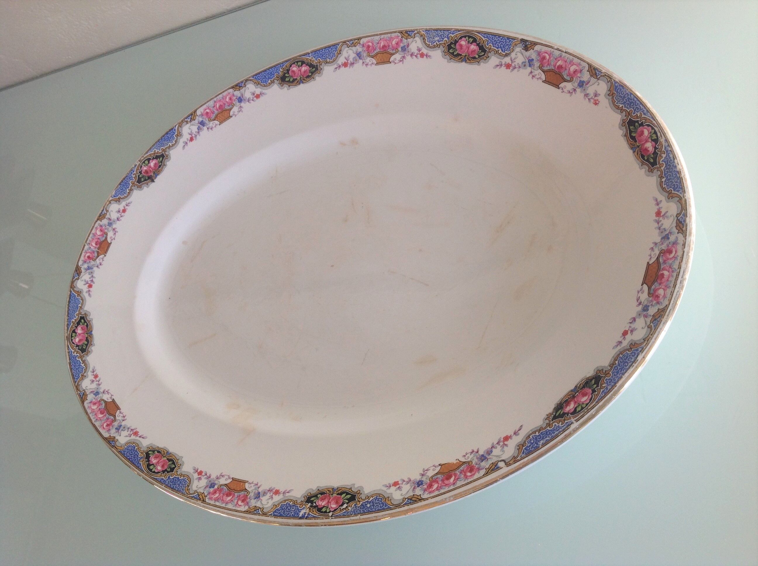 Oval dish décor baskets of roses by Digoin Sarreguemines / vintage 50s-60s