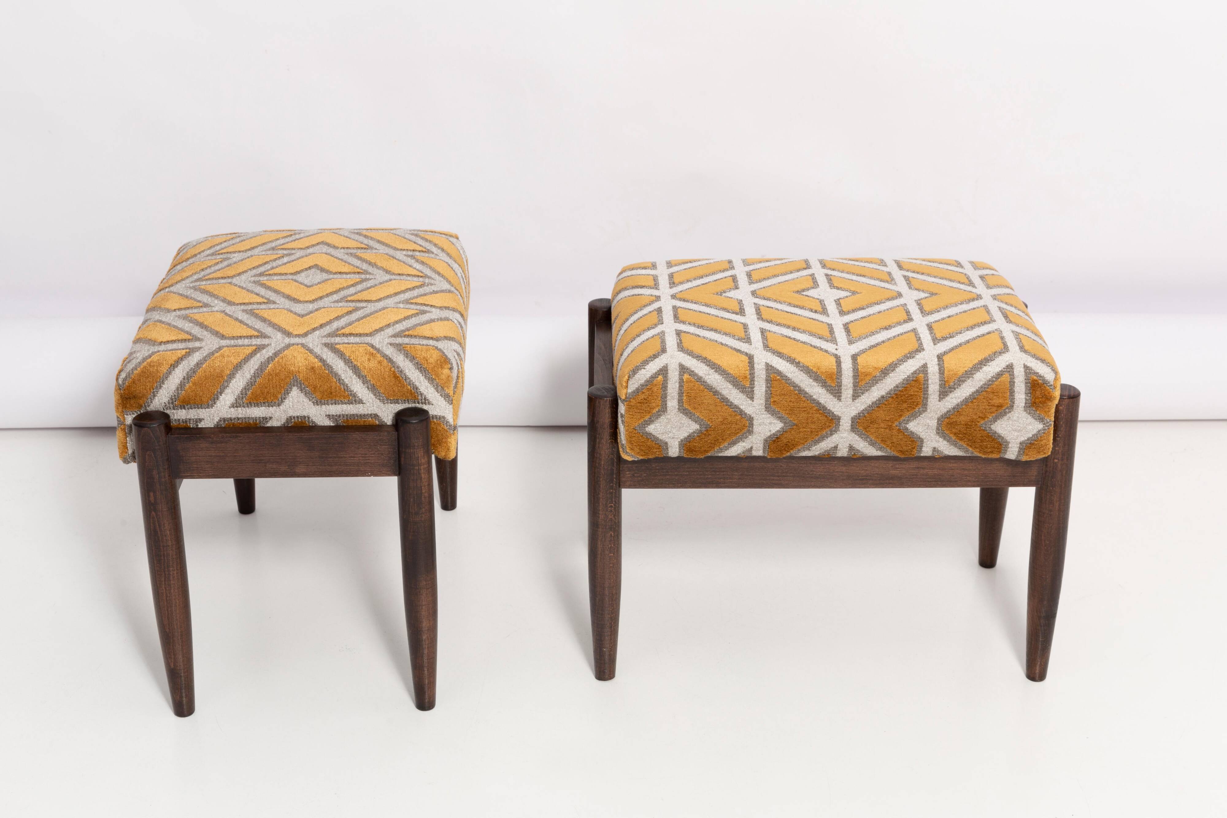 Pair of vintage velvet stools with a yellow pattern, Edmund Homa, 1960s.