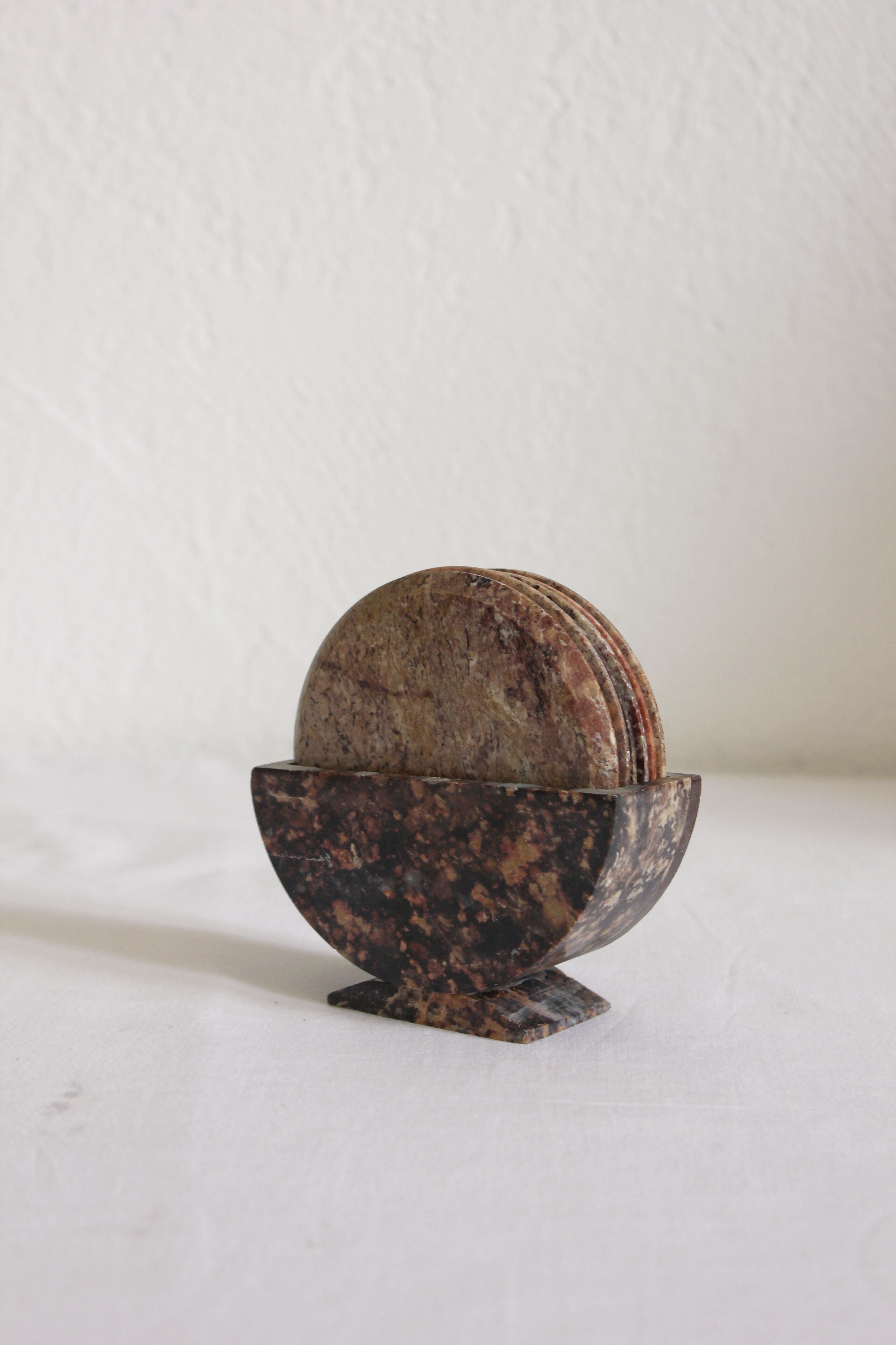 Set of 6 vintage stone/marble coasters and case