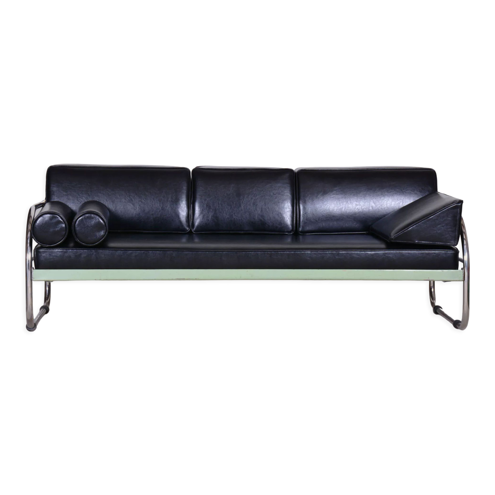 Restored black bauhaus sofa, robert slezak, high-quality leather, chrome-plated steel, 1930s