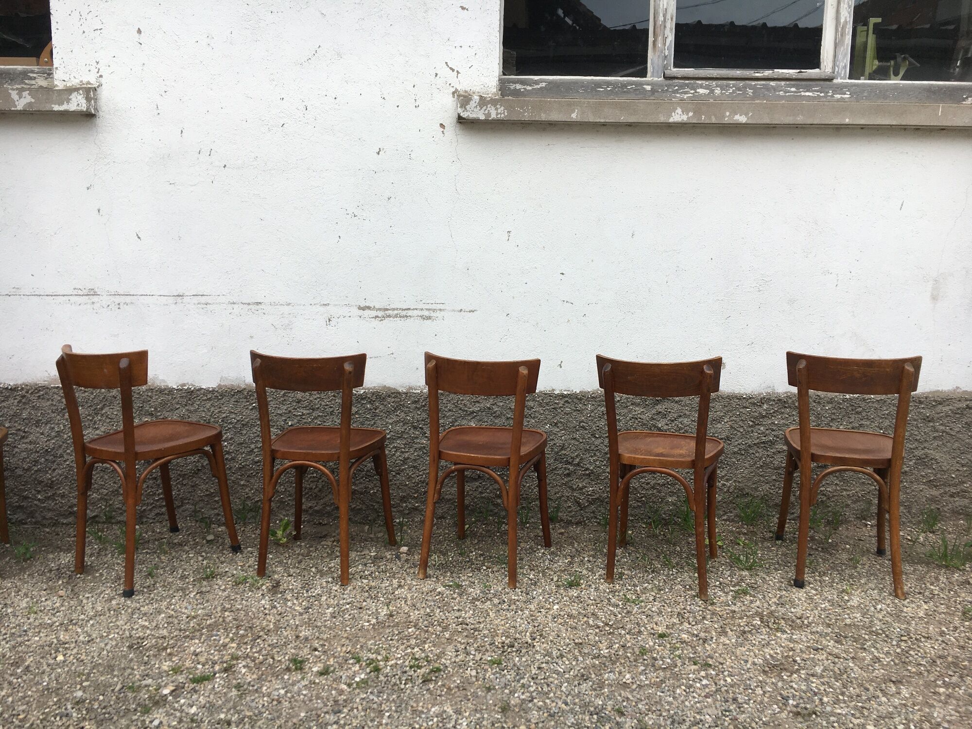 Series of 10 vintage bentwood curved wood bistro chairs