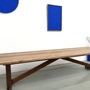 Refectory table in solid pine and beech, with X-shaped legs.