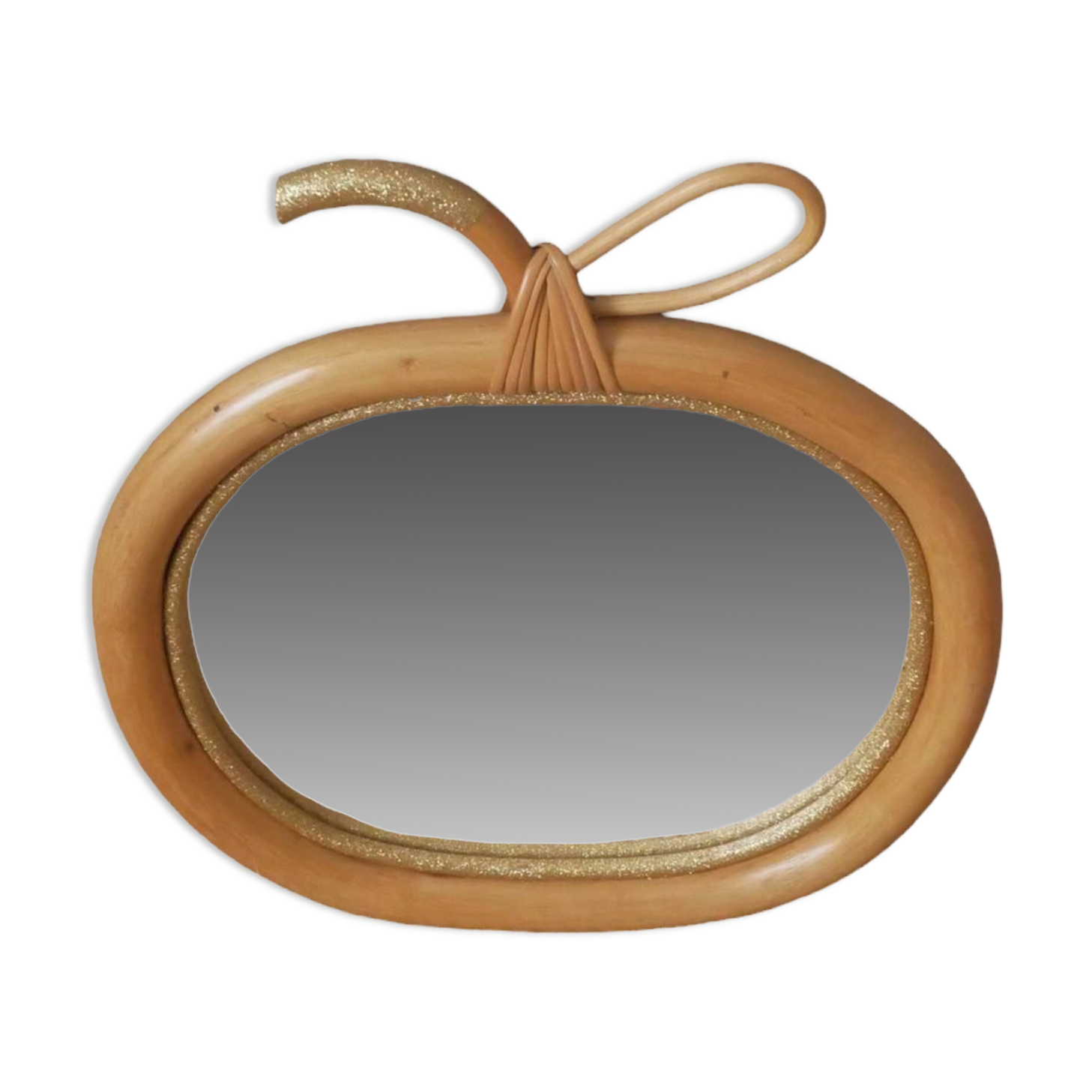 Apple mirror in rattan bamboo wicker vintage decorative object for children golden glitter