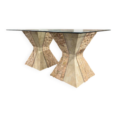 table à manger vintage en pierre avec plateau en verre