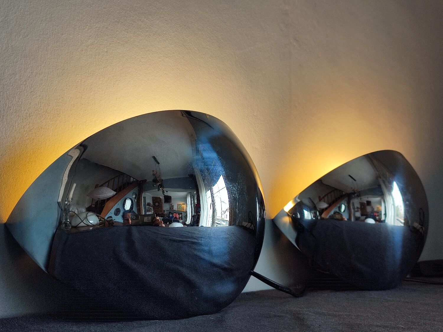 Pair of vintage chromed metal half-moon wall lamp