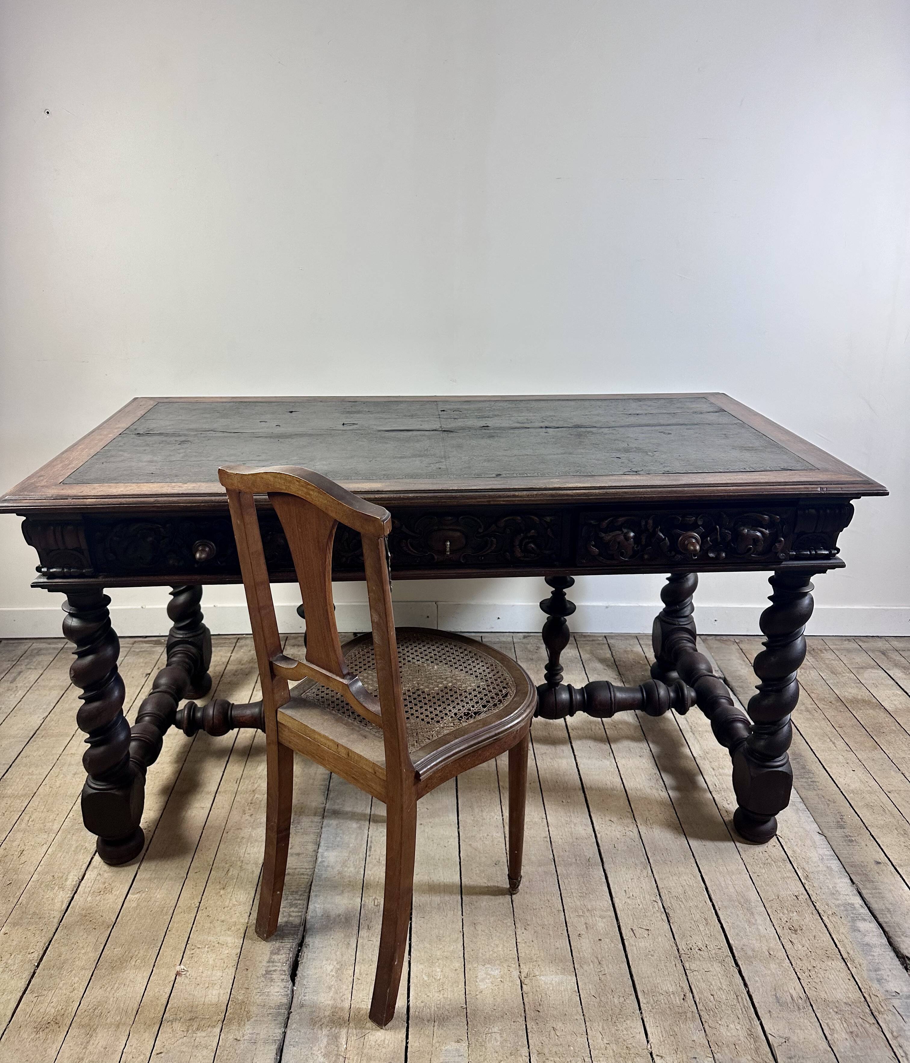 Louis XIII style oak desk stamped Mombro Ainé 19th century