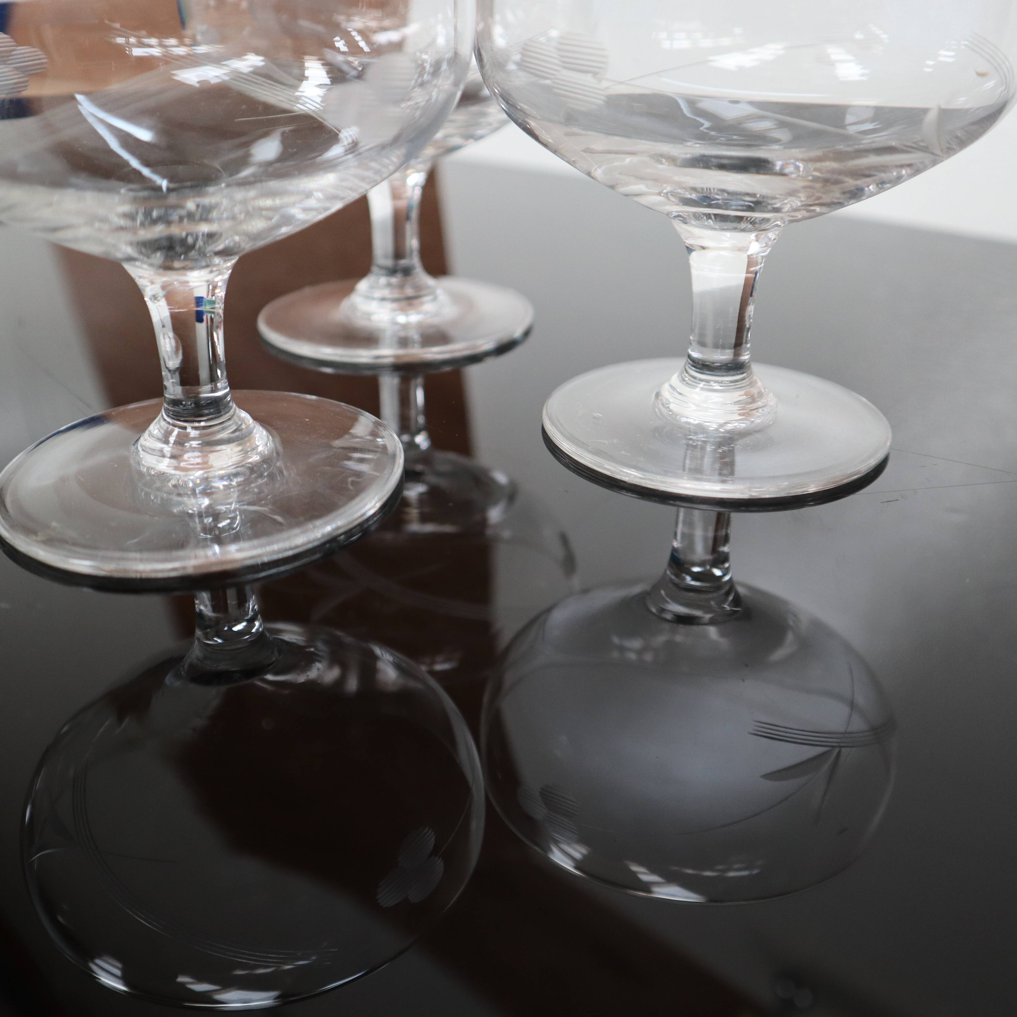 3 Art Deco champagne glasses in engraved glass